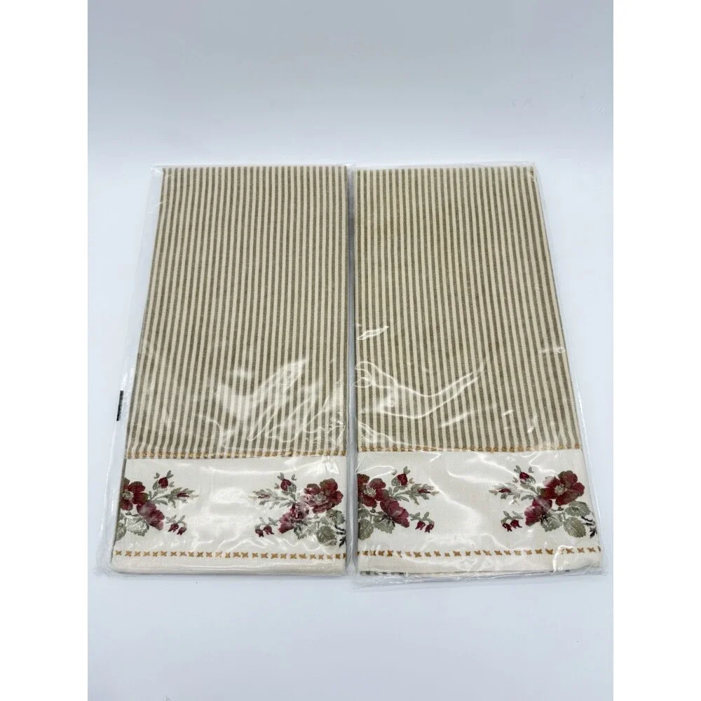 Pottery barn stripe embroidered floral kitchen towel Cotton Beige Flowers Set 2